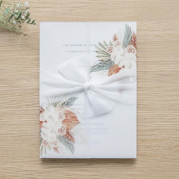 PONATIA 50PCS Vellum Jackets for 5x7 Invitation Cards- 135GSM Boho Flowers Vellum Sleeves Paper - Wedding Invitations Wraps - Transparent Card Jacket