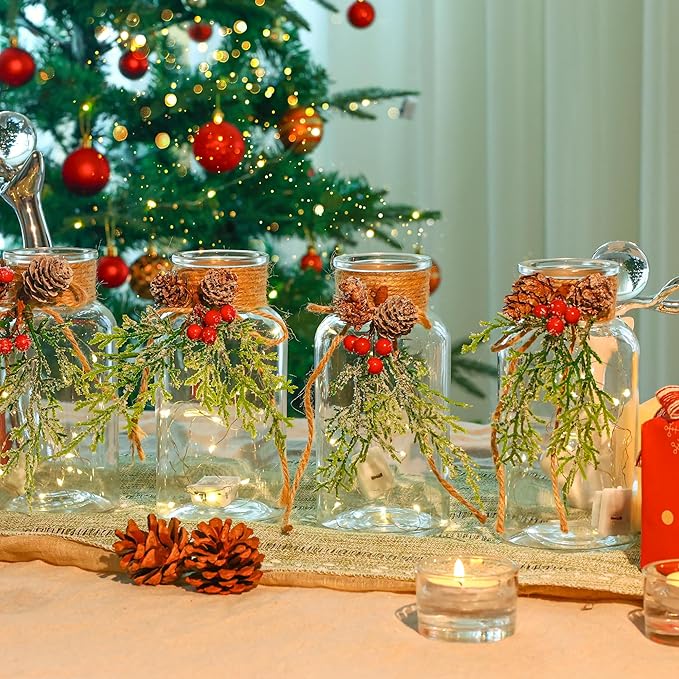 Set of 12 Xmas Decor Vases Christmas Centerpieces for Tables Farmhouse Holiday Table Decor Clear Glass Vases with Twine Ties for Christmas Decorations