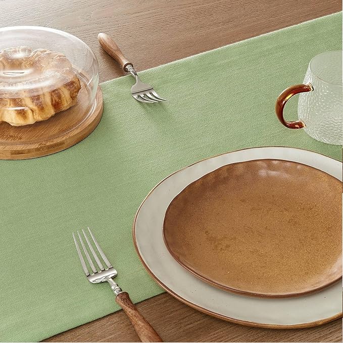 ZeeMart Linen Textured Border Table Runner, 14 x 90 Inch Green, Farmhouse Style Sage Green Table Runners 90 Inches Long, Easy Care Everyday Polyester Table Runner