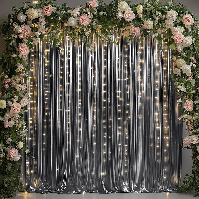 20ftx10ft Black Silver Glitter Sequin Backdrop Curtain for Parties, Wrinkle Free Sparking Backdrop Drapes, 4 Panels 5x10ft Shimmer Photo Back Drop Cloth for Wedding Birthday Photography