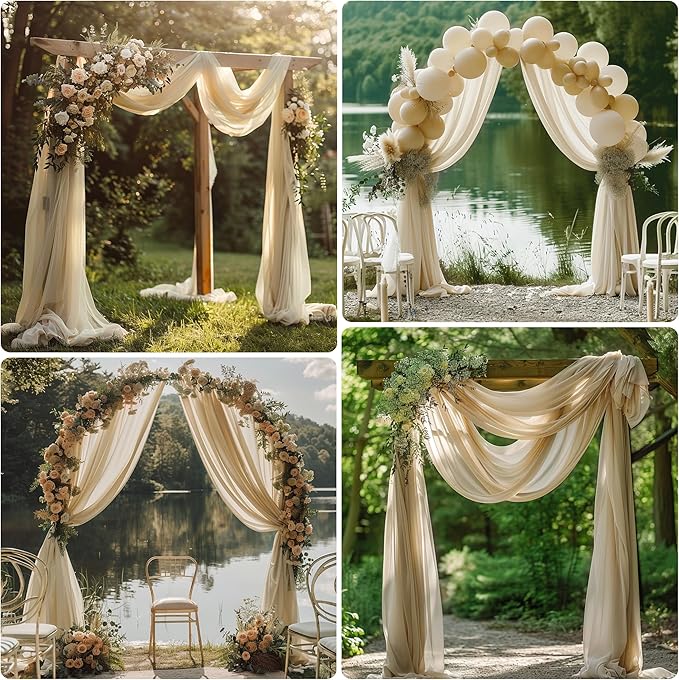Wedding Arch Draping Fabric 4 Panels 28.7" x 20FT Champagne Sheer Chiffon Backdrop Drapes for Wedding Ceremony Birthday Party Bridal Shower Outdoor Decoration