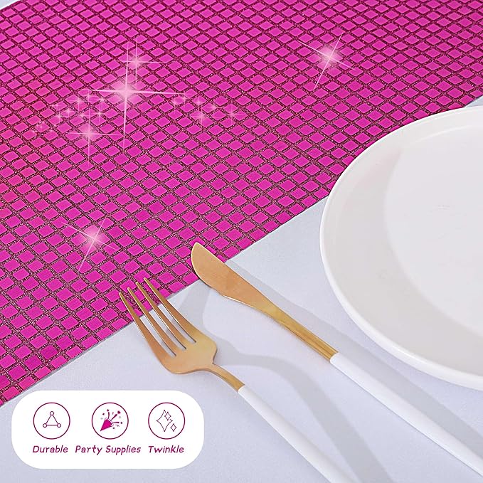 Durony 2 Pack Disco Table Runner 11 x 108 Inch Mirror Hot Pink Glitter Foil With Sparkle Sequin for Bachelorette, 70s, Cowgirl Party Decorations
