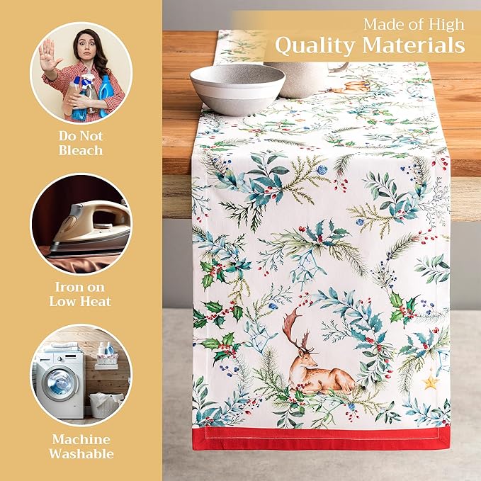 Maison d' Hermine Table Runner 100% Cotton Double Layer Table Runners 72 inches Long for Thanksgiving Christmas Decorations Home Kitchen Dining Party Wedding (Holly Time, 14.5" x 72")