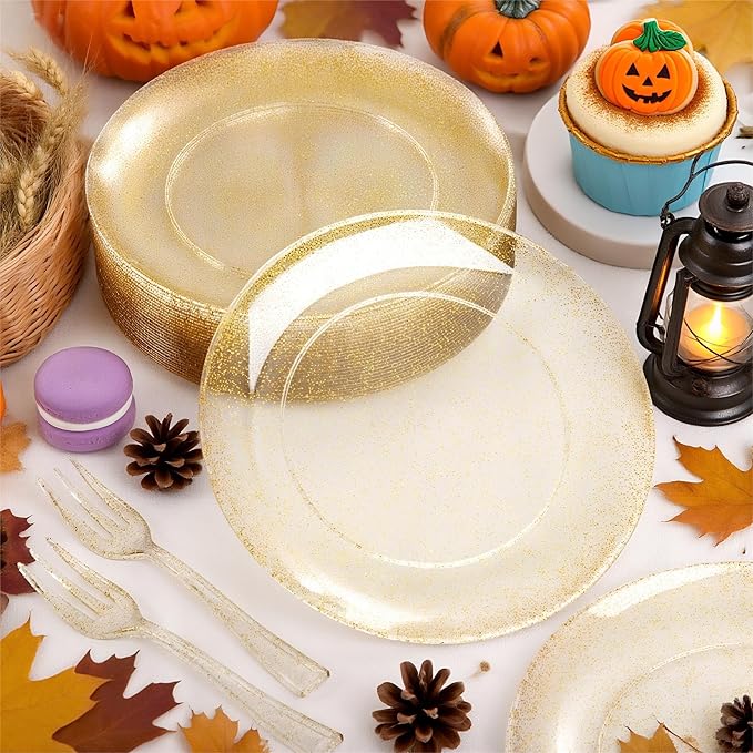 Festiva 200Pcs Gold Glitter Dessert Plates 6.3" with Forks 5"-Small Plastic Dessert/Cake/Appetizer Plates Disposable for 100 Guests Thanksgiving Party &Wedding& Birthday& Christmas