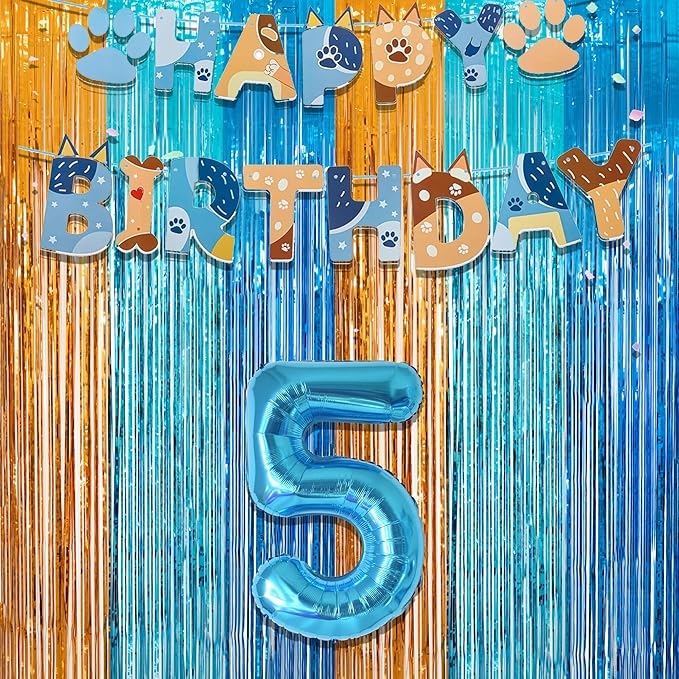 Orange Blue Party Streamers Backdrop - GREATRIL Tinsel Fringe Curtain for Blue Dogs Themed Birthdays Decoration 2 Packs