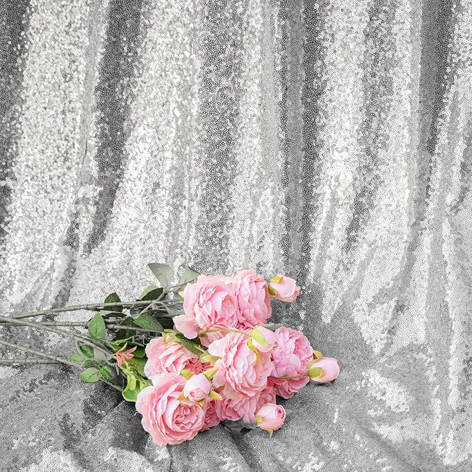 JYFLZQ Silver Sequin Backdrop Curtains 8ft x 8ft 1 Panel Glitter Photo Booth Backdrops Sparkly Photography Background Drapes for Parties Wedding Bridal Showers