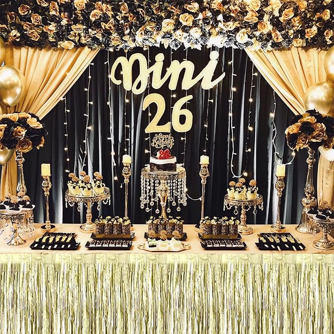 4 Pack 29x108 Inch Metallic Foil Fringe Tinsel Table Skirts for Rectangle Tables Streamer Backdrop for Wedding, Birthday, Parade Floats, Christmas, Halloween Party Decoration(Light Gold)
