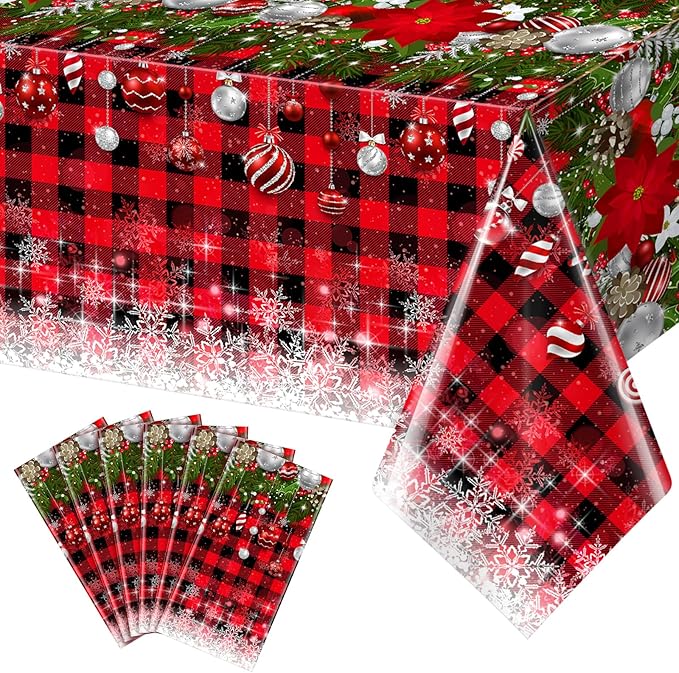 6Pcs Christmas Buffalo Plaid Snowflake Tablecloths,Plastic Red and Black Checkered Rectangle Christmas Tree Color Ball Table Cover for Winter Christmas New Year Holiday Party Decorations,54x108 inch