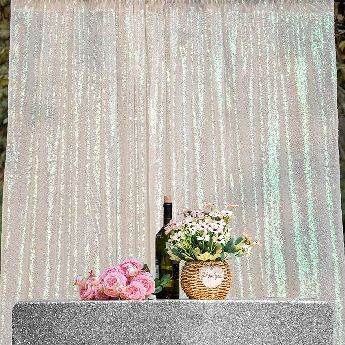 JYFLZQ White Iridescent Sequin Backdrop Curtains 4ft x 8ft 2 Panel Glitter Photo Booth Backdrops Sparkly Photography Background Drapes for Parties Wedding Bridal Showers