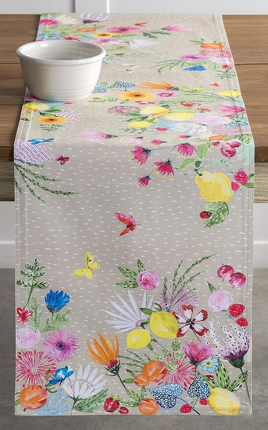Maison d' Hermine Table Runner 100% Cotton Double Layer Table Runners 108 inches Long Decorative for Home Kitchen Dining Party Wedding Bridal Shower Spring Summer (Jardin D'Ete - Fog, 14.50" x 108")