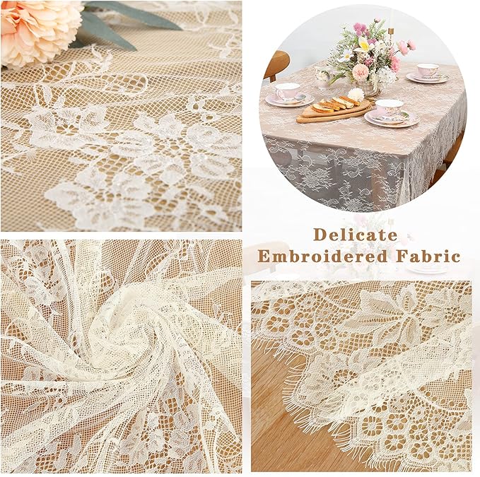 LuoluoHouse Set of 2 Ivory Lace Tablecloths Rectangle Chic Wedding Embroidered Tablecloth 60x120 inch Decorative Tablecloth for Farmhouse Party Birthday Kitchen Table Linens