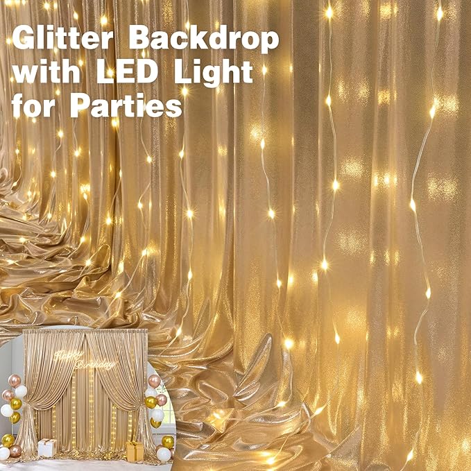 20x10 ft Gold Sequin Backdrop Curtain with Lights for Parties, Wrinkle Free Glitter Photo Backdrop Drapes Shimmer Back Drop Cloth with Light Strings for Wedding Birthday Photography Background