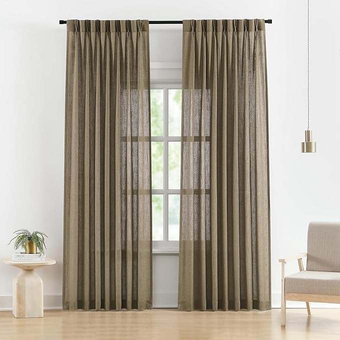 Vision Home Brown Pinch Pleated Semi Sheer Curtains Textured Linen Blended Light Filtering Window Curtains 95 inch for Living Room Bedroom Pinch Pleat Drapes with Hooks 2 Panels 40" Wx95 L