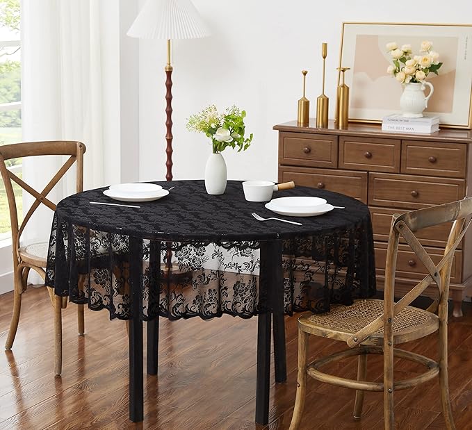 LinenZone Black Round Tablecloth for Rustic Vintage Decor. Sheer Lace Table Cloth Works Great As Wedding Tablecloth or Thanksgiving Table Cover. (Mia 60 Round, Black)