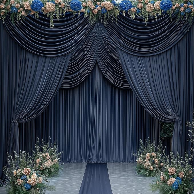30ftx12ft Wrinkle Free Navy Blue Backdrop Curtain, 6 Panels 12FT Height Navy Blue Wedding Backdrop Drapes, Silky Polyester Back Drop Cloth for Birthday Photography Background Party Backdrop Draping