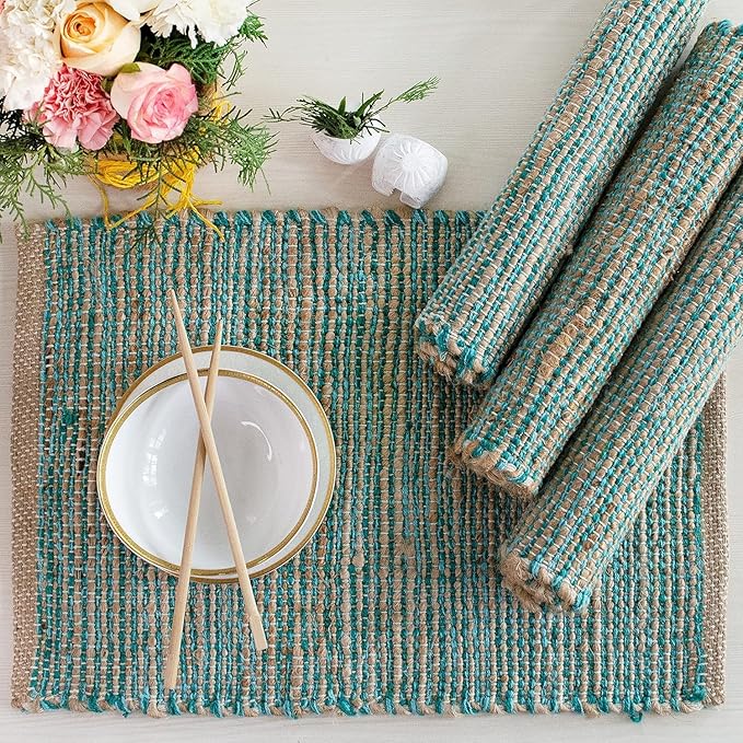 Chardin Home Natural Jute & Aqua Turquoise Placemats, Set of 4 – Rustic Handmade Boho Table Mats, 13x19 in Dining Table Placemats - Kitchen, Everyday Meals, Holidays, Farmhouse or Modern Table Décor