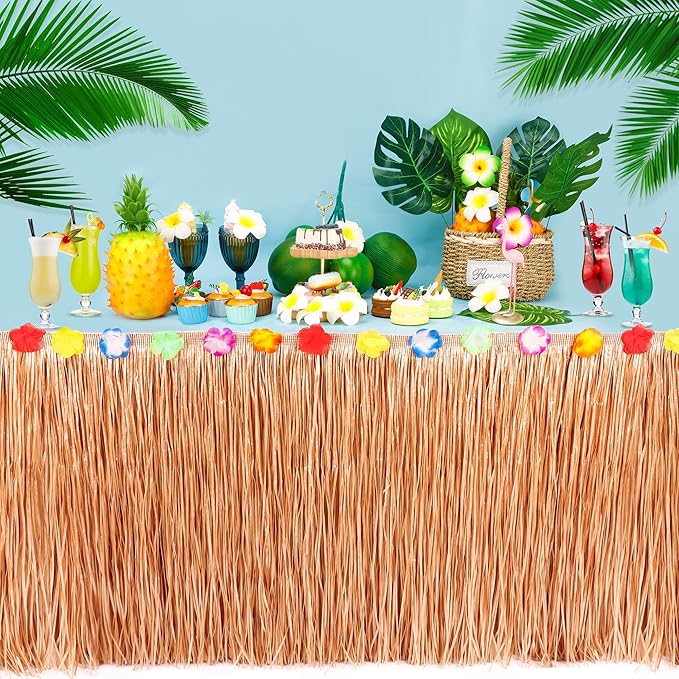 12PCS Hawaiian Table Skirt, Luau Themed Grass Table Skirt Party Supplies, Indoor Outdoor 108 X 29.5" Flower Tropical Hula Dance Parties Supplies Bulk, Table Skirt for Summer Beach Themed Party