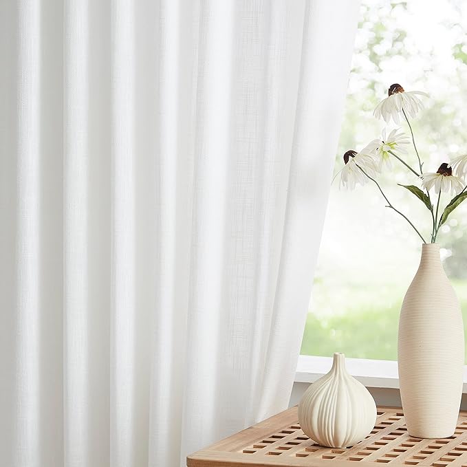 Vision Home White Pinch Pleated Semi Sheer Curtains Textured Light Filtering Window Curtains 90 inch for Living Room Bedroom Rayon Blended Pinch Pleat Drapes with Hooks 2 Panels 40" Wx90 L