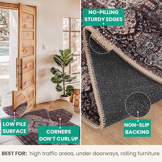 Bloom Rugs Washable Non-Slip 4' x 6' Rug - Red/Green/Cream Traditional Medallion Area Rug for Living Room, Bedroom, Dining Room, and Kitchen - Exact Size: 4' x 6'