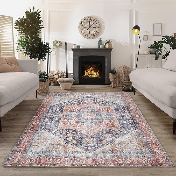 Bloom Rugs Washable Non-Slip 4' x 6' Rug - Terracotta/Blue Traditional Medallion Area Rug for Living Room, Bedroom, Dining Room, and Kitchen - Exact Size: 4' x 6'