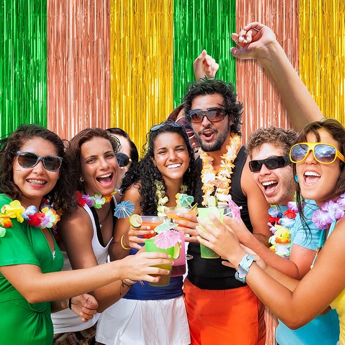 8 Pack Hawaiian Party Decorations, 3.28 FT x 7.05 FT Luau Party Decorations, Green Brown Yellow Backdrop Fringe Curtains Foil Streamer, Metallic Summer Decor Photo Booth Props