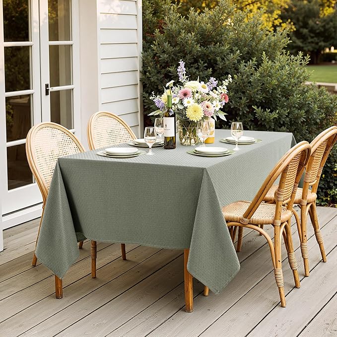 MIULEE Olive Green Linen Cottton Table Cloth Rectangle Tablecloth Waterproof Spillproof Cross-Star Textured Table Cltoth Decorative Farmhouse Style for Dining Party Weddings 60x84 Inch