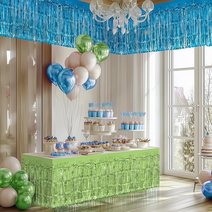 3 Pack Blue Green Purple Table Skirts, 29x108" Metallic Foil Tinsel Fringe Table Skirt for Rectangle Tables Streamer Curtains Backdrop, Party Decorations for Birthdays, Weddings, Holidays