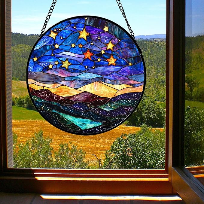 Stained Glass Window Hanging, Blue Sky Gold Stars Abstract Landscape Suncatcher for Doors Window Home Sun Catchers Decor Mother's Day Birthday Gifts for Women, Men Mom 15 in