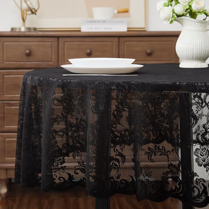 LinenZone Black Round Tablecloth for Rustic Vintage Decor. Sheer Lace Tablecloth Works Great As Wedding Table Cloth, or Christmas Table Cover (Mia 90 Round, Black)