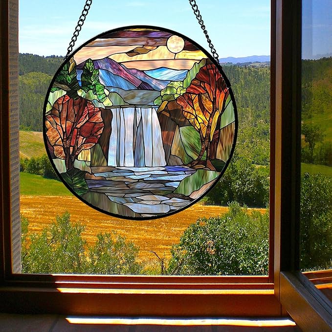 Stained Glass Window Hanging, Abstract Landscape Waterfall Mountains Trees Suncatcher for Doors Window Home Sun Catchers Decor Mother's Day Birthday Gifts for Women Men Mom 9.8 in