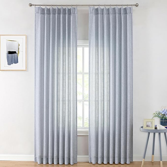 Vision Home Blue Pinch Pleated Semi Sheer Curtains Textured Light Filtering Window Curtains 90 inch for Living Room Bedroom Rayon Blended Chambray Blue Pinch Pleat Drapes with Hooks 2 Panels 40"Wx90"L