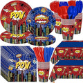 452 Pcs Spider Themed Birthday Party Supplies for 50 Guests, Hero Theme Paper Plates Napkins Cups Tablecloth Cutlery Straws Tableware for Red Blue Halloween Birthday Party Decorations