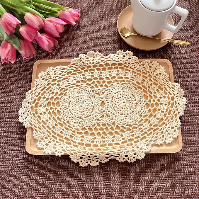 2-Pack Vintage Lace Placemats - 10x14 Inch French Crochet Lace Doilies, Handmade Embroidered Oval Table Mats for Dining, Tea Party, Wedding Decor, Furniture and Home Decoration (Beige)