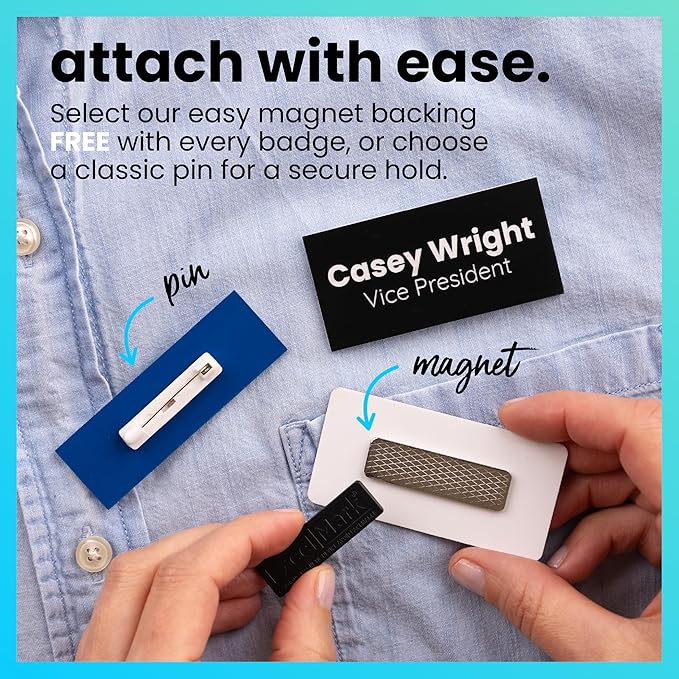 ExcelMark Custom Name Tag - Engraved Name Badge with Pin or Magnetic Backing, 16 Colors, 6 Fonts, and 2 Sizes to Choose from (Black w/Gold Letters, 1"x 3")