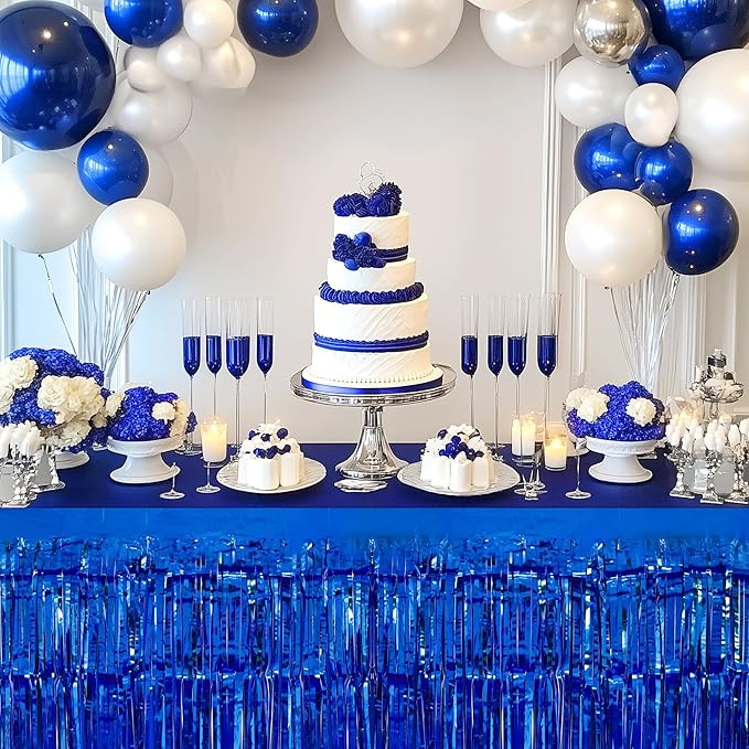 3 Pack Red Dark Blue Silver Table Skirts, 29x108" Metallic Foil Tinsel Fringe Table Skirt for Rectangle Tables Streamer Curtains Backdrop, Party Decorations for Birthdays, Weddings, Holidays