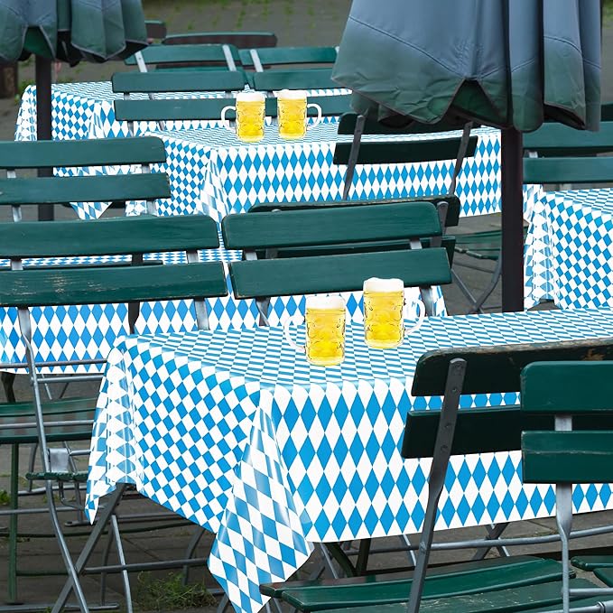 4 PCS Oktoberfest Decoration, 54 X 108 IN Blue White Checkered Plastic Oktoberfest Tablecloth, Disposable Rectangular German Theme Table Supplies, Bavarian Tablecover, Beer Tablecloth for Party Picnic
