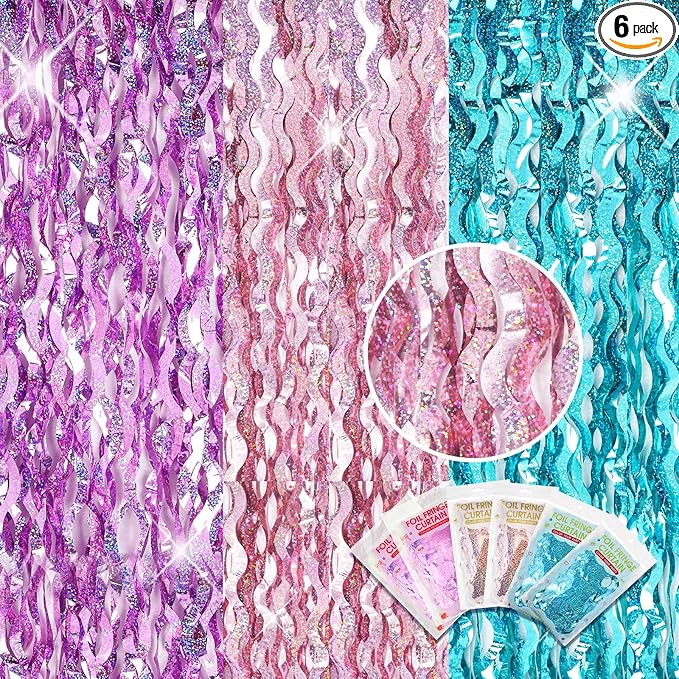 Jutom 6 Pieces 3.3 x 6.6 ft Wavy Tinsel Foil Fringe Curtains Foil Fringe Streamer Backdrop Party Curtain for Sea Mermaid Baby Shower Birthday Party Decoration(Purple, Pink, Blue Green)