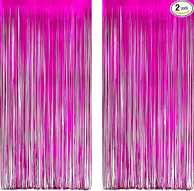 Hot Pink Party Streamers Backdrop - GREATRIL Shiny Fuchsia Tinsel Foil Fringe Curtain for Birthdays/Flamingo/Bachelorette/Galentine/Breast Cancer Awareness Decorations - 3.2ft X 8.2ft - 2 Packs