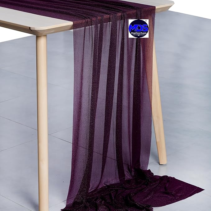 MDS 2 Pack 14ft Chiffon Table Runner 29 x 170 Inches Sheer Wedding Runner Romantic Rustic Table Runner for Wedding Decorations, Birthday Parties, Bridal Shower Party Arch Decor - Eggplant