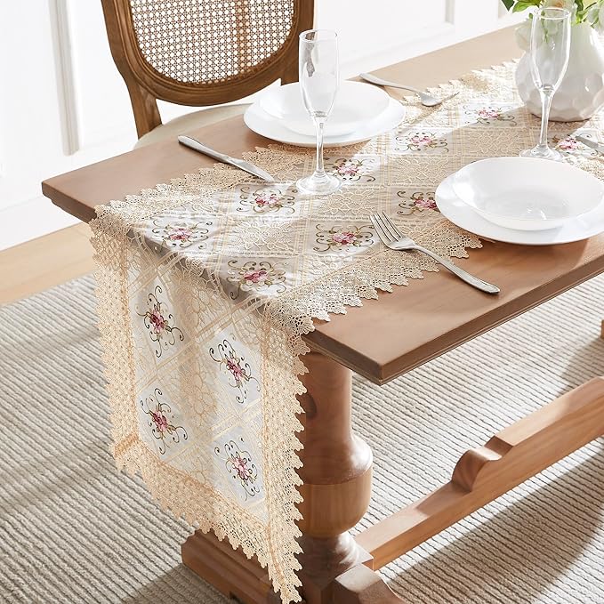 Warm Home Designs Gold Lace Table Runner. 72 Inch Long, Embroidered with Intricate Flower Design. Can Be Used As Dresser Scarf or Dining Table Runner. VTR Linen