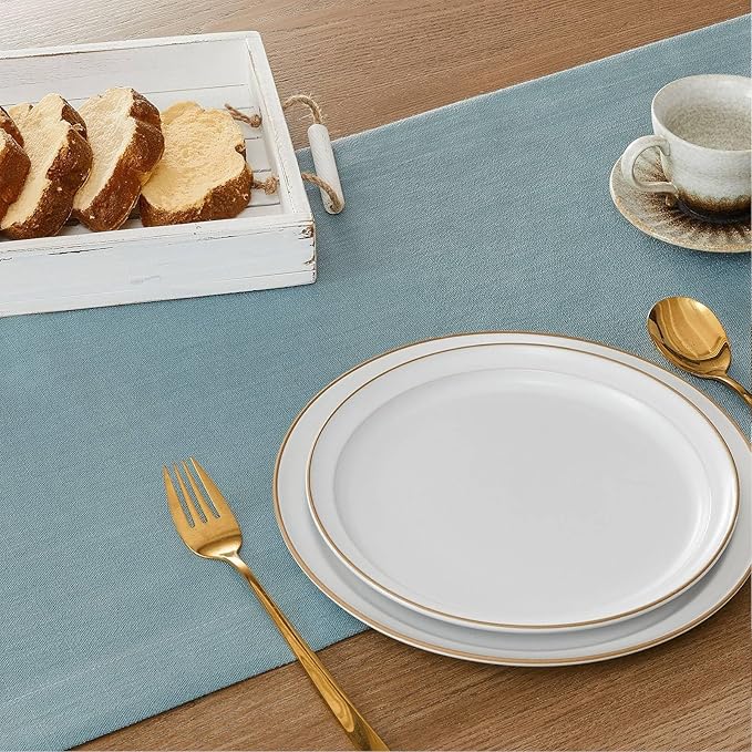 ZeeMart Linen Textured Border Table Runner, 14 x 36 Inch Blue, Farmhouse Style Dusty Blue Table Runners 36 Inches Long, Easy Care Everyday Polyester Table Runner