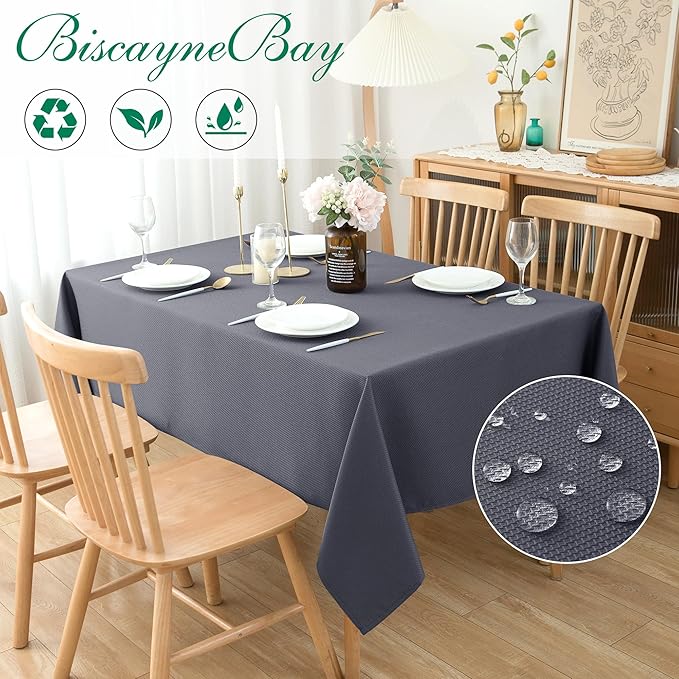 Biscaynebay Textured Fabric Tablecloths 60x84 Inches Rectangular, Dark Grey Water Resistant Tablecloths for Dining, Kitchen, Wedding and Parties etc. Machine Washable