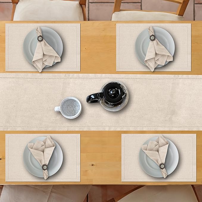 Ruvanti Linen Table Runner 72 Inches, Classic Hemstitch, Washable, Reusable, Non-Slipping, Stain Resistant- Perfect for Parties, Weddings, Dinners, Thanksgiving, Christmas, Indoor use – Natural