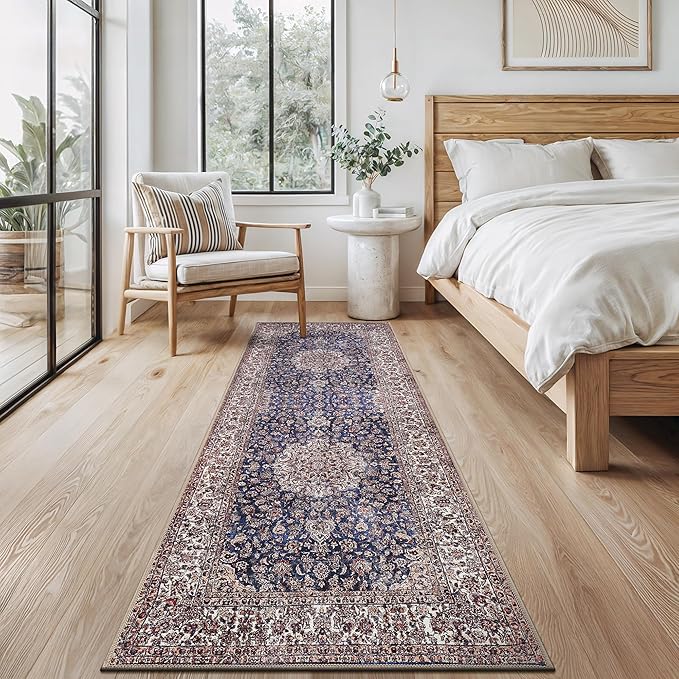 Bloom Rugs Washable Non-Slip 10 ft Runner - Dark Blue/Beige Traditional Medallion Runner for Entryway, Hallway, Bathroom, and Kitchen - Exact Size: 2.5' x 10'