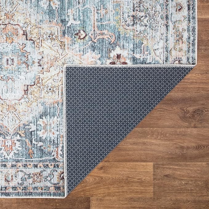 Bloom Rugs Washable Non-Slip 3' x 5' Rug - Teal/Peach Traditional Area Rug for Living Room, Bedroom, Dining Room, and Kitchen - Exact Size: 3' x 5'