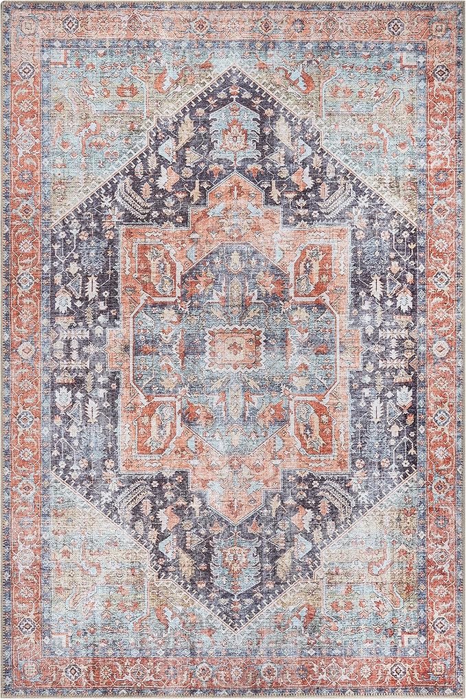 Bloom Rugs Washable Non-Slip 4' x 6' Rug - Terracotta/Blue Traditional Medallion Area Rug for Living Room, Bedroom, Dining Room, and Kitchen - Exact Size: 4' x 6'