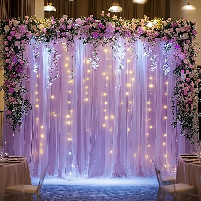 Tulle Backdrop Curtain with Lights String 10FT X 10FT Lavender Sheer Tulle Backdrop Curtains for Wedding Birthday Party Reception Photo Booth Background Decorations (2 Panels 5x10FT)