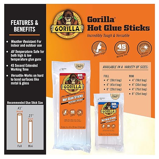 Gorilla Hot Glue Sticks, Clear Glue, Mini Size 8" Long x 0.27" Diameter, 25 Count (Pack of 4) - Safe for All Temperatures with Extended Working Time