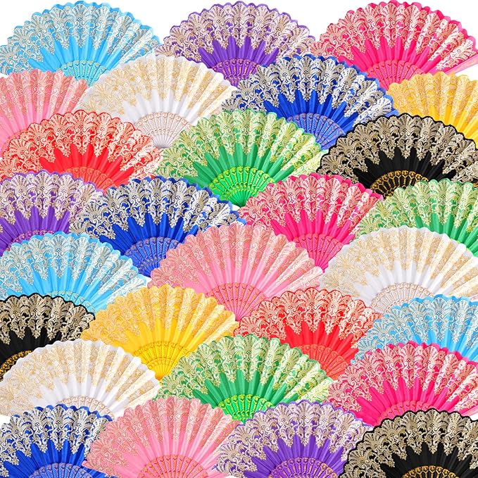 Geetery 30 Pcs Folding Hand Fan for Line Dancing Spanish Boots on The Ground Fans Gifts Bulk Colorful Silk Popping Rave for Women Tea Party Wedding Church Halloween Costume(Embroidery,Elegant Colors)