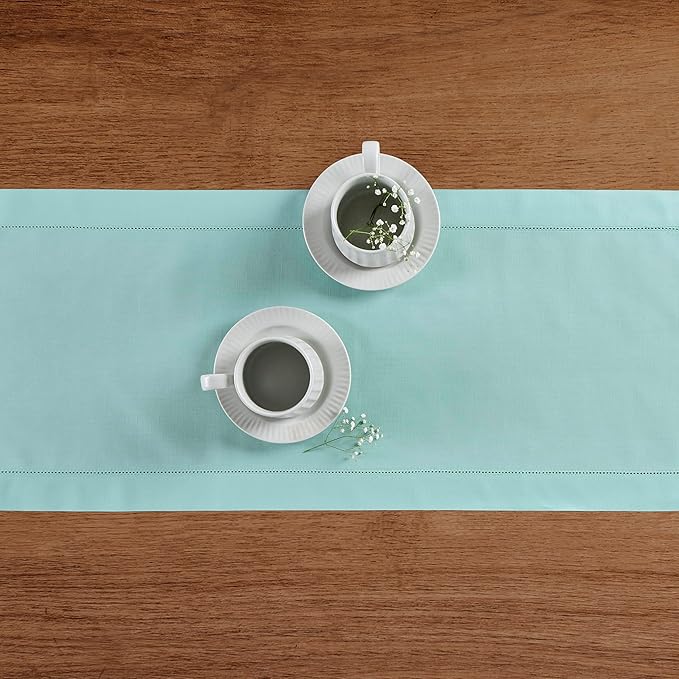 Solino Home Cotton Linen Table Runner 48 Inches - Pastel Turquoise Hemstitch Table Runner 14 x 48 Inch Ideal for Dresser and Coffee Tables